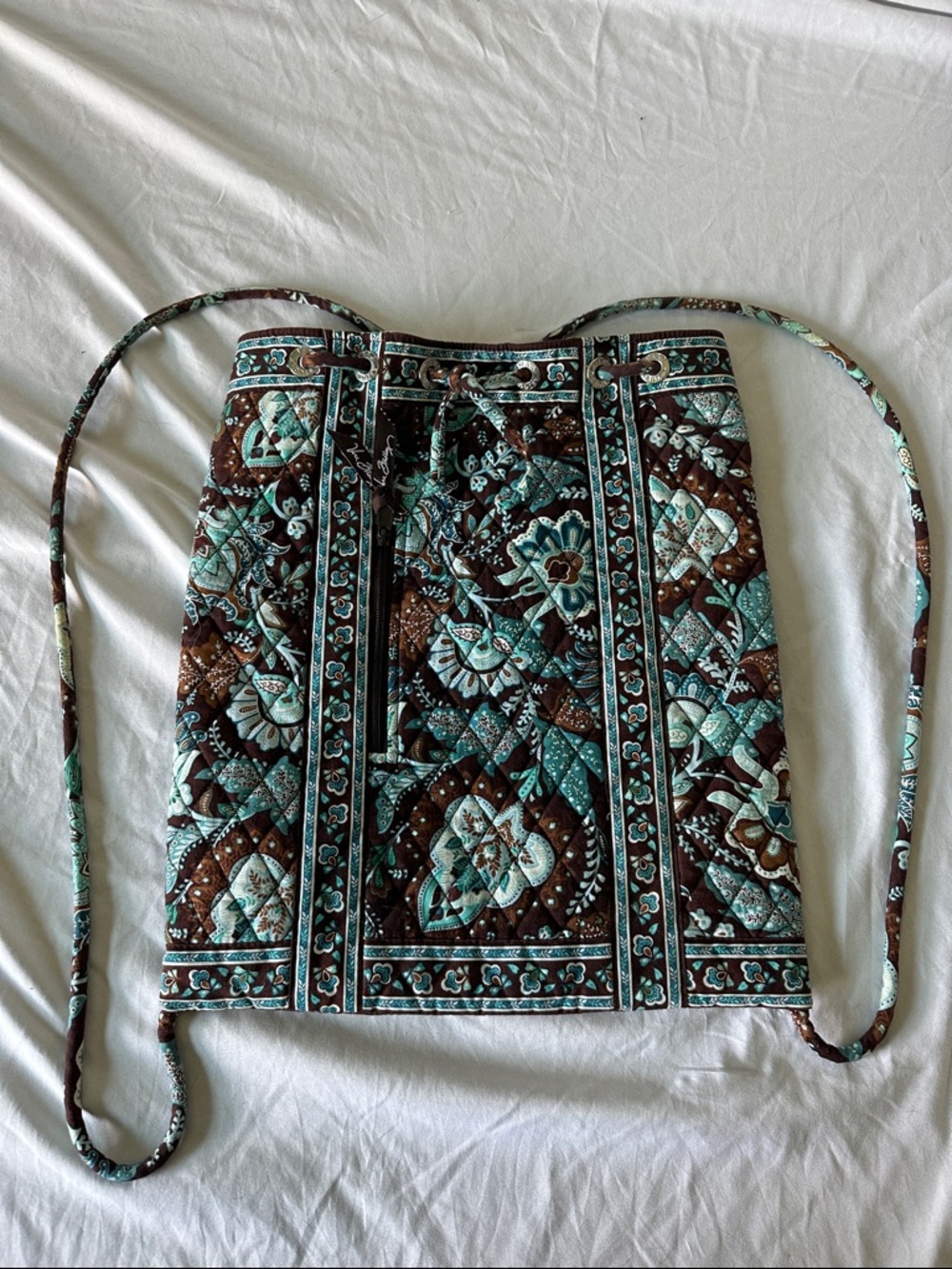 Vera Bradley Teal and Brown Quilted Drawstring Backpack